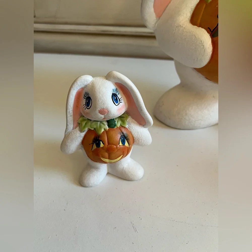 Vintage Easter Halloween Rabbit Bunny Figurines w/pumpkin stomach ceramic decor